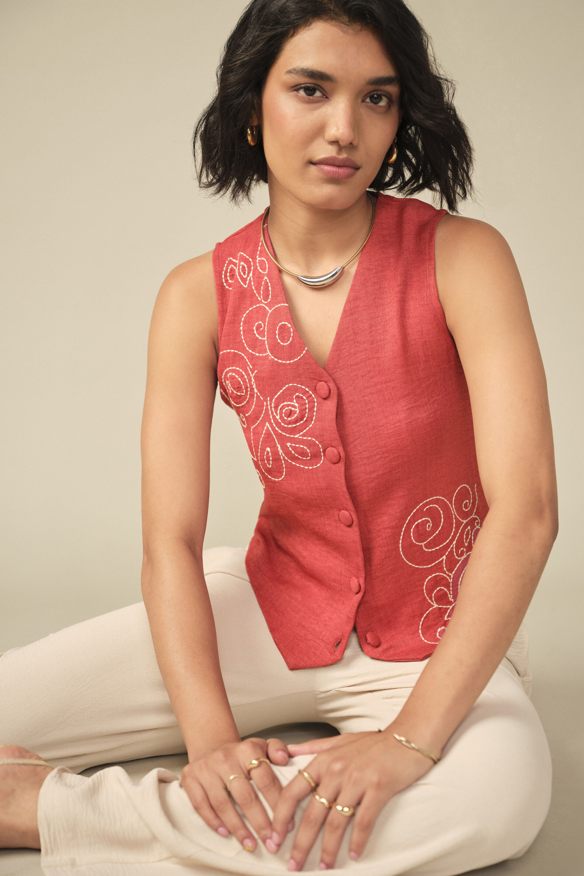 Floral Embroidered Waistcoat in Rust, Rust, image 3